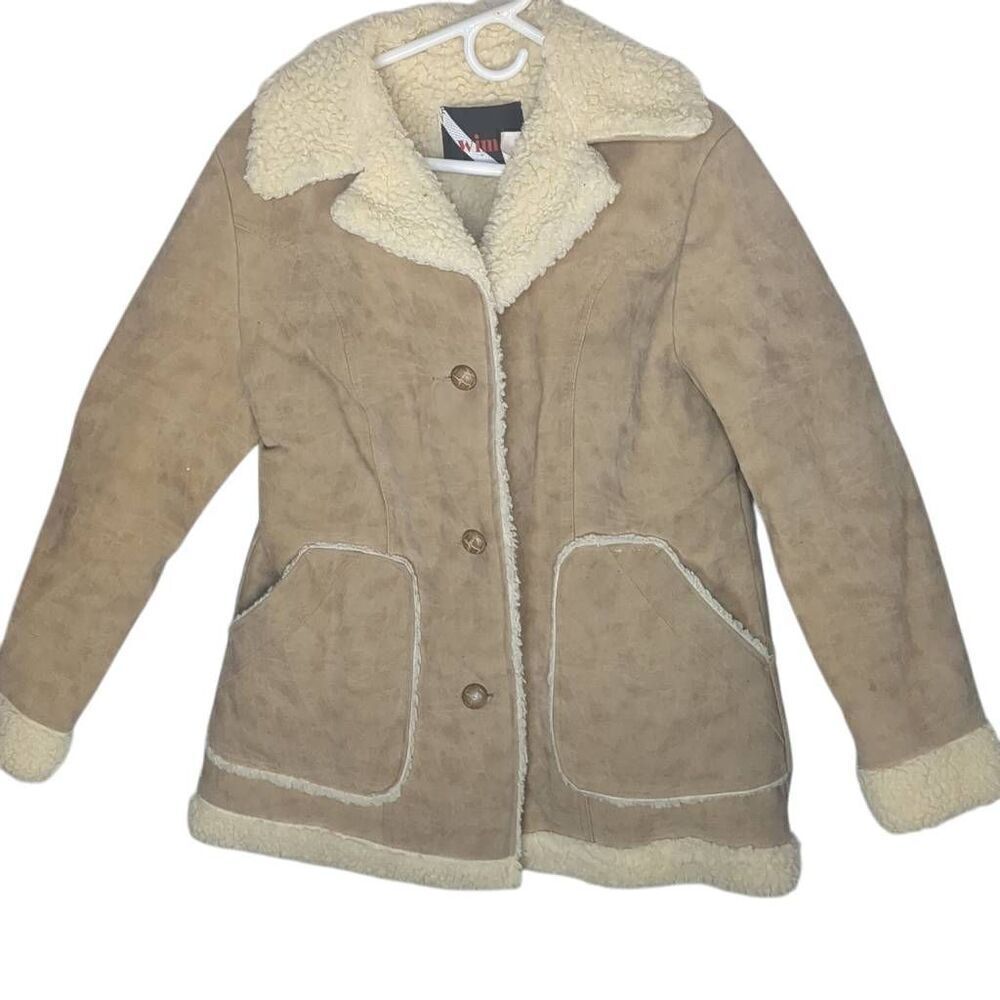 Vintage Faux Sherpa Leather Coat Vinyl Suede Womens L Large